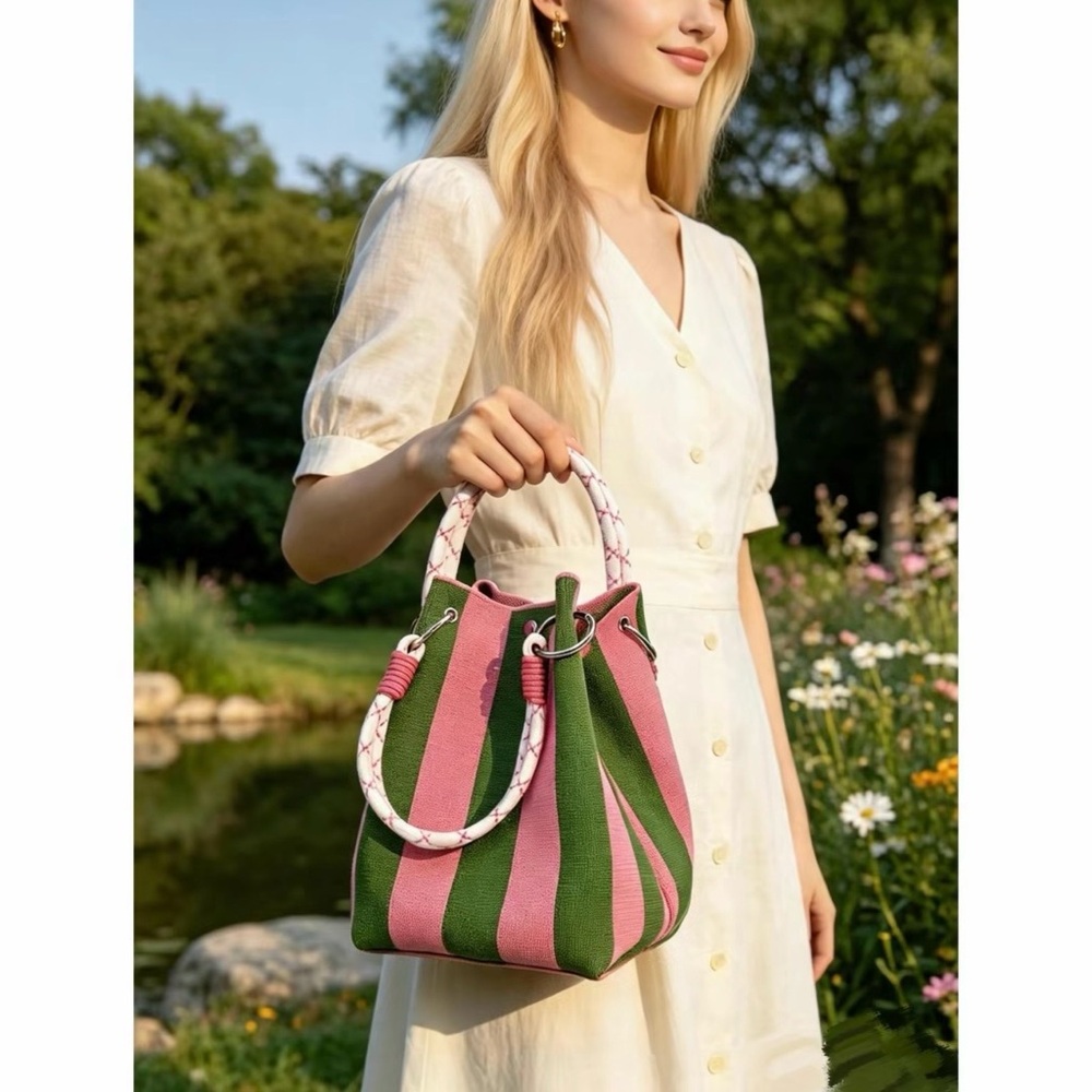 Striped Pink & Green Bucket Bag